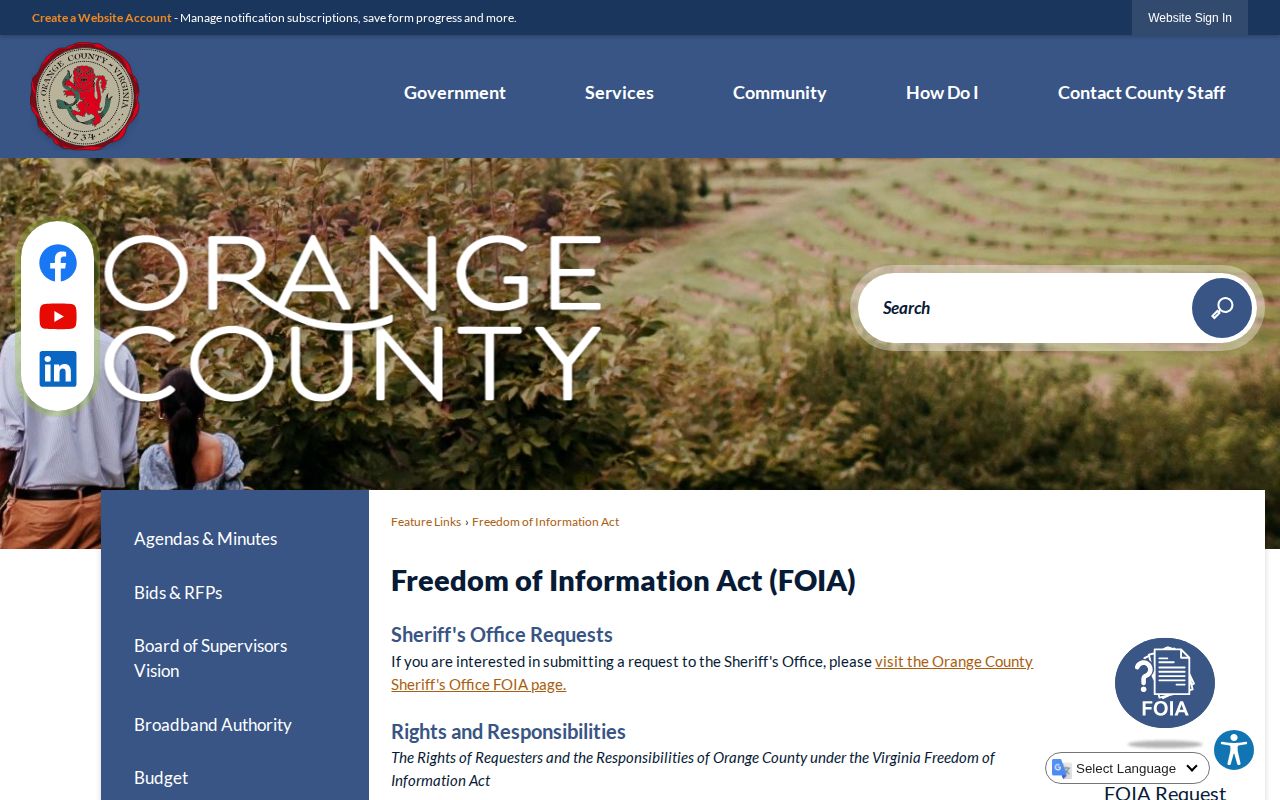 Orange County Virginia public-records request information for booking records